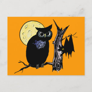 Bat Moon and Owl on Halloween Postcard
