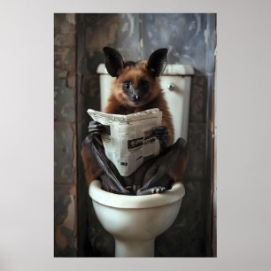 Bat on Toilet Print, Funny Bathroom , Newspaper Poster