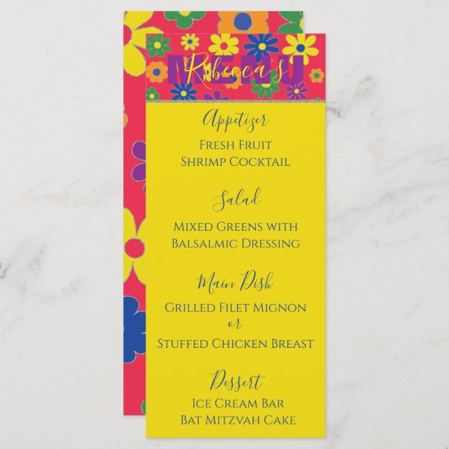 Bat or Bar Mitzvah Elegant Flowered Food Menu (Front/Back)