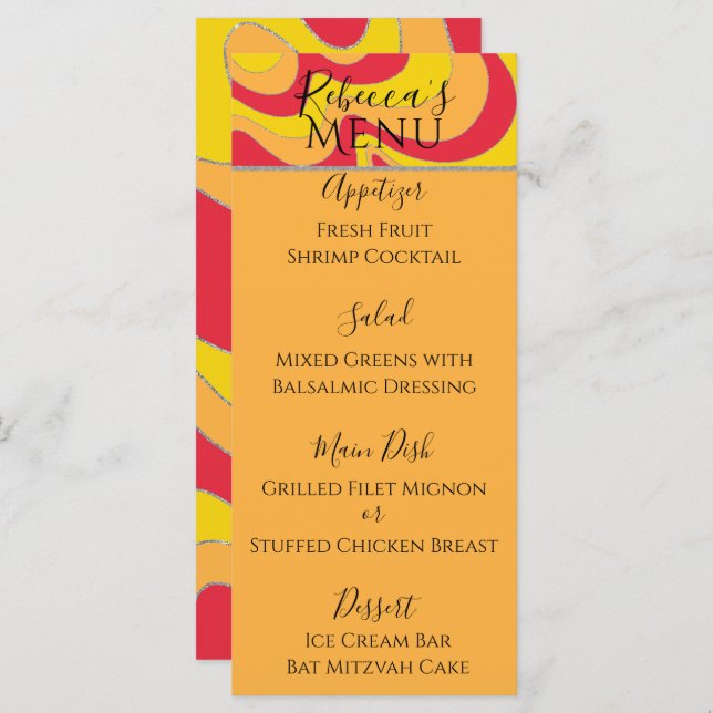 Bat or Bar Mitzvah Elegant Silvery Swirl Food Menu (Front/Back)