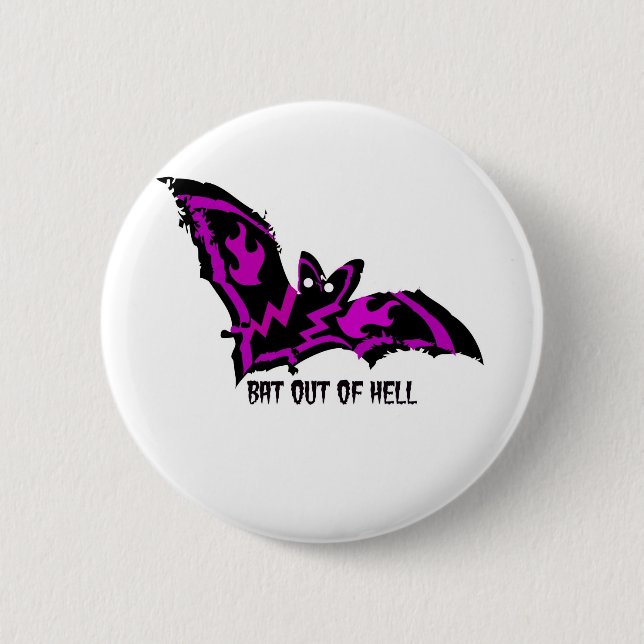 BAT OUT OF HELL WITH PURPLE FLAMES AND LIGHTNING 6 CM ROUND BADGE (Front)