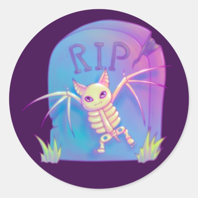 Bat Skeleton RIP Gravestone Halloween Drawing Classic Round Sticker (Front)
