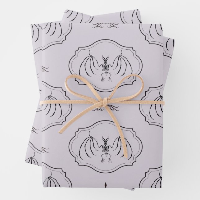 Bat Skeleton Spooky Goth Lavender Wrapping Paper Sheet (In situ)