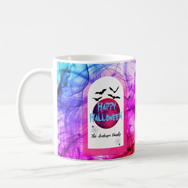 Bat & Spider Name Colourful Modern Happy Halloween Coffee Mug (Left)
