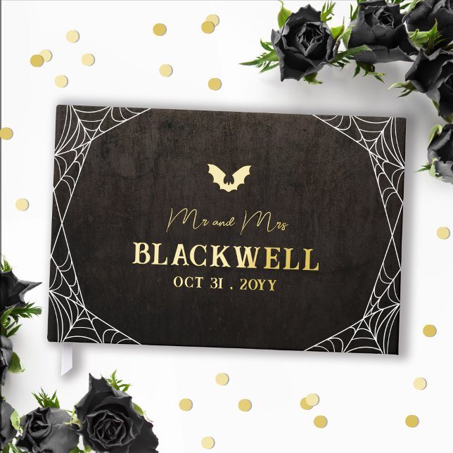 Bat & Spiderwebs Mr & Mrs Goth Halloween Wedding Guest Book (Creator Uploaded)
