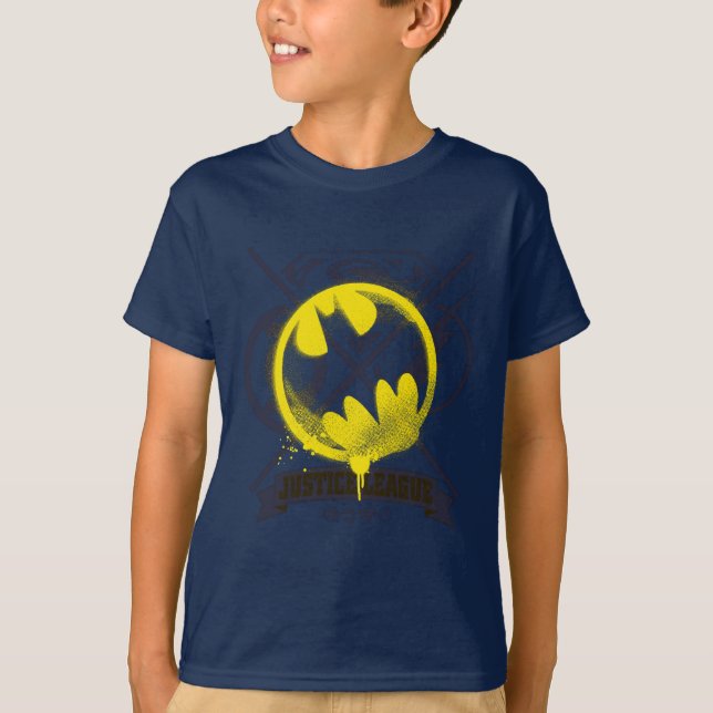 Bat Symbol Tagged Over Justice League T-Shirt (Front)