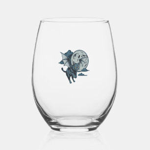 Bat-Winged Cat Scary Halloween Full Moon Stemless Wine Glass