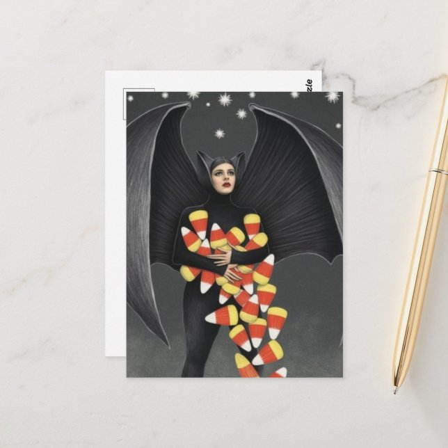 Bat With Halloween Candy Postcard (Front/Back In Situ)