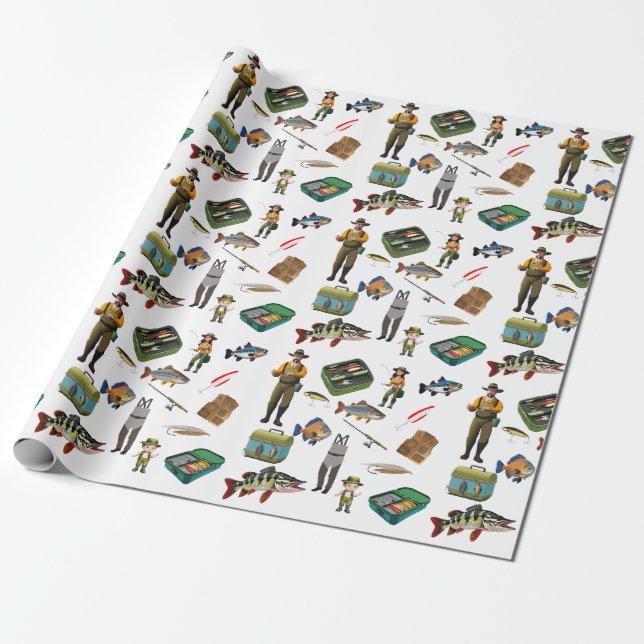 Batch Of Fishing Items Pattern Wrapping Paper (Unrolled)