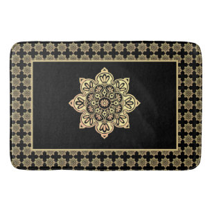 Bath Mat, gold Medallions on black Bath Mat