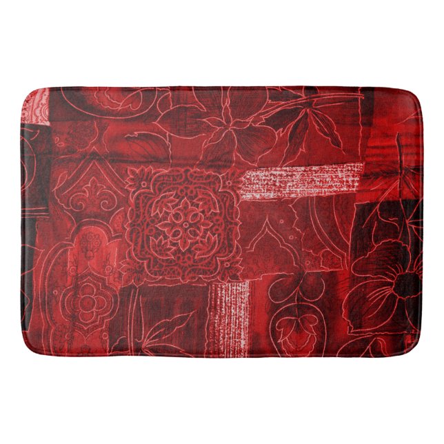 Bath Mat Large Red Floral Print Patchwork (Front)