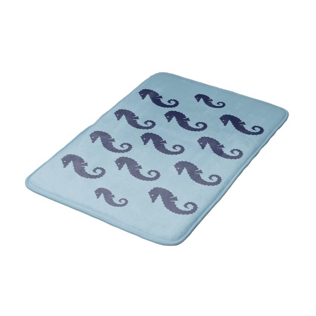 Bath Mat - Sea Horses (Navy Blue) on Blue (Angled)
