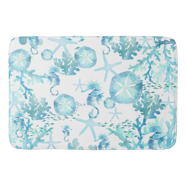 Bath Mat Teal Blue Seahorse Sanddollar Seashells (Front)