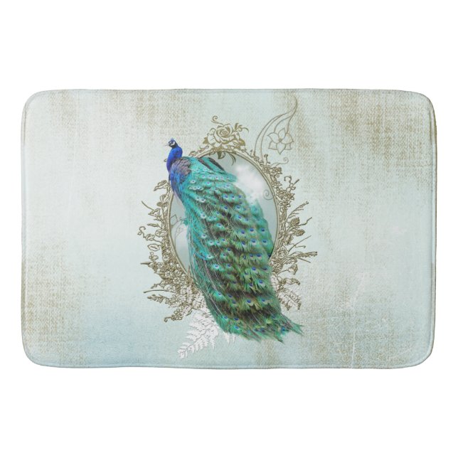 Bath Mate peacock, turquoise, vintage, shabby, Bath Mat (Front)