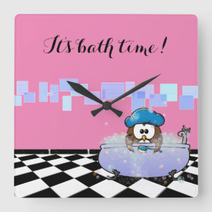 bath time owl square wall clock