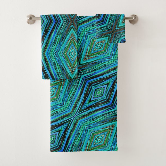 Bath Towel Set Blue & Green Feathers (Insitu)