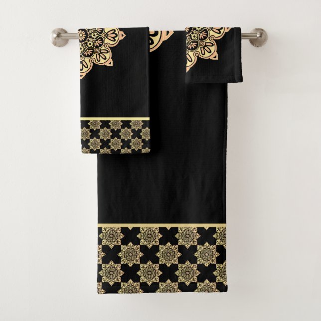  Bath Towel Set gold Medallions on black (Insitu)