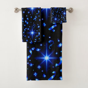 Bath towel set midnight, blue sparkle stars and ri
