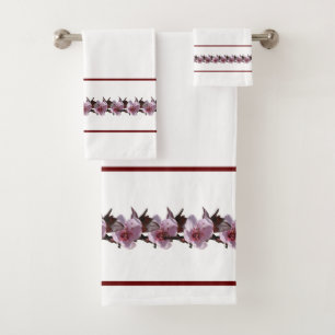 Bath Towel Set - Plum Blossoms and Maroon Lines