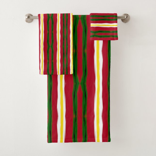 Bath Towel Set Red, Green, Yellow Stripes (Insitu)