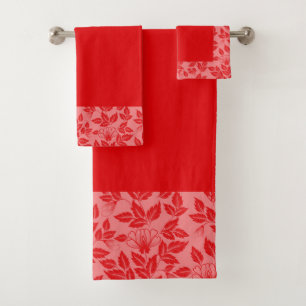 Bath Towel Set-Vintage Floral Hot Red