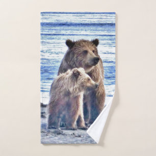 Bath towel set w/ grizzly bear and cub