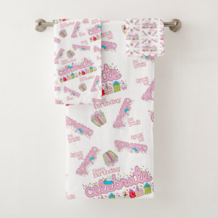 Bath Towel Sets,  Happy Birthday Celebrate Pink