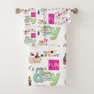 Bath Towel Sets,  Happy Birthday FUN Cupcake