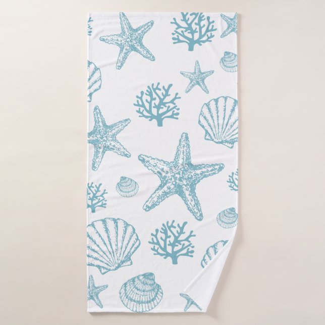 Bath Towel Teal Seashell Starfish Beachy Pattern (Bath Towel)