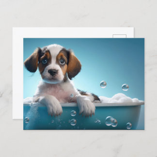 Bath Tub & Bubbles Puppy Postcard