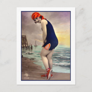 Bathing Beauty in navy and orange Postcard