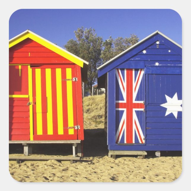 Bathing Boxes, Middle Brighton Beach, Port 2 Square Sticker (Front)