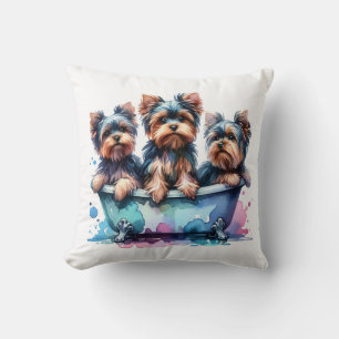 Bathing Yorkies Throw Pillow