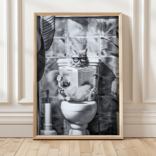 Bathroom Cat Print reading on toilet, Bathroom Wal