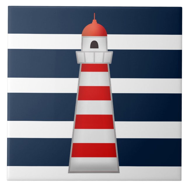 Bathroom Ceramic Tile - Red Blue Lighthouse (Front)