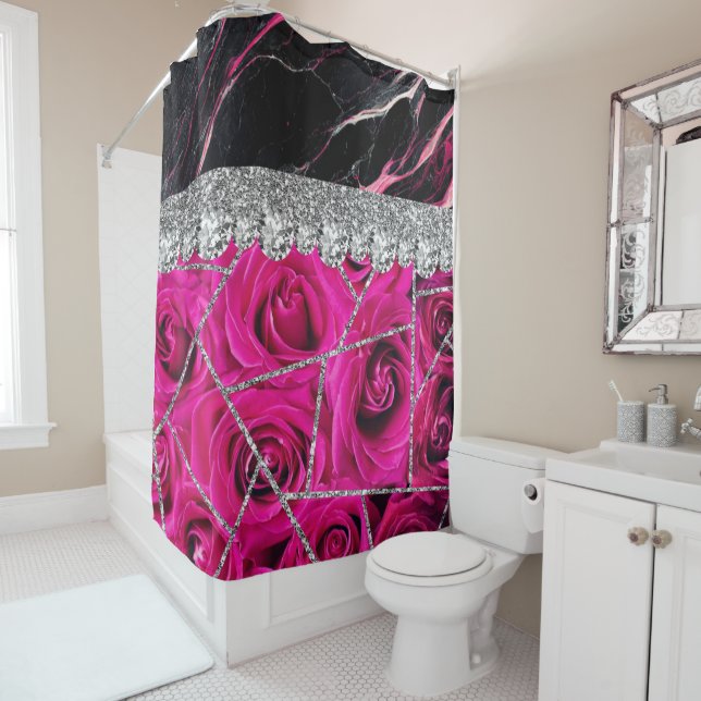 Bathroom Interior Design Home Black Glitter Marble Shower Curtain (In Situ)