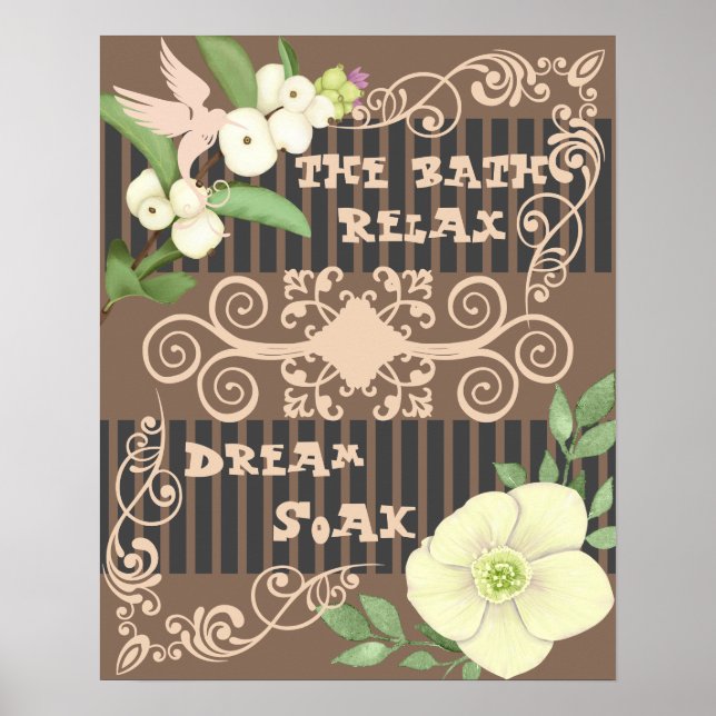 Bathroom Relaxing in the Bath Brown Floral Poster (Front)