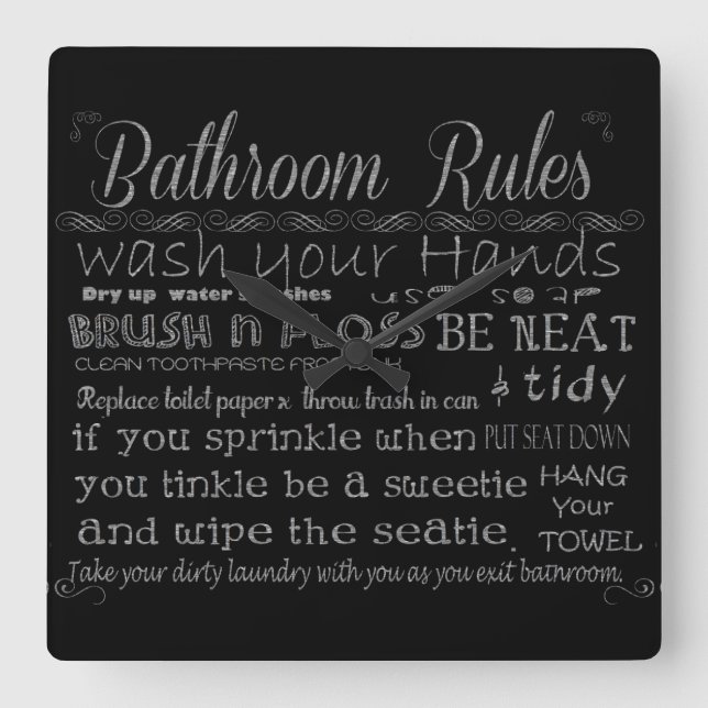 Bathroom Rules Square Wall Clock (Front)