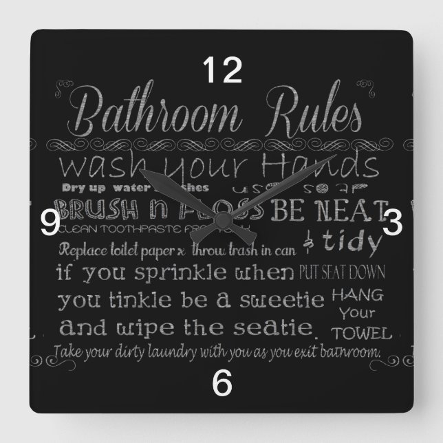 Bathroom Rules Square Wall Clock (Front)