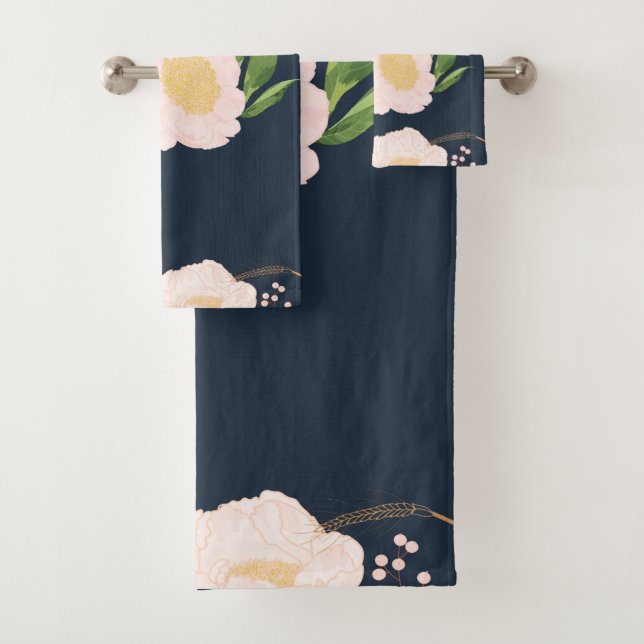 Bathroom Towel Set Baby Pink Cosmos on Navy (Insitu)