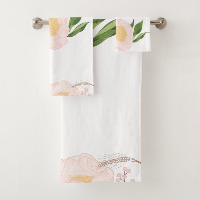 Bathroom Towel Set Baby Pink Cosmos on White (Insitu)