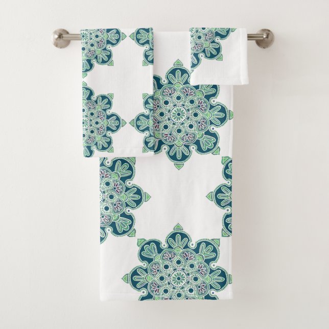  Bathroom Towel Set, green medallions on white (Insitu)