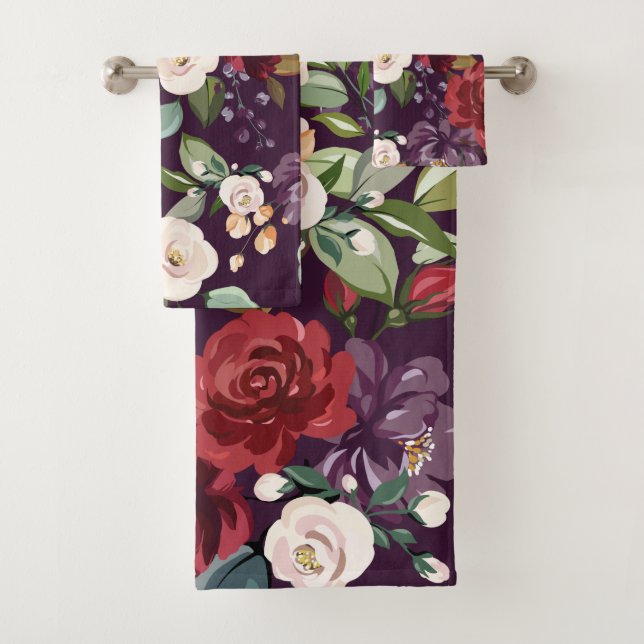 Bathroom Towel Set Plum Purple Roses Gold Geometri (Insitu)