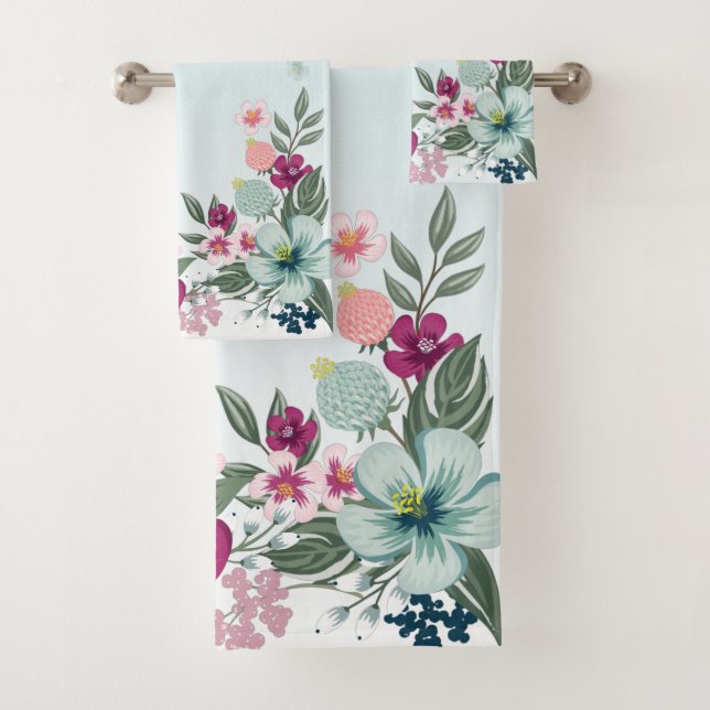Bathroom Towel Set Tropical Flowers on Blue Ombre (Insitu)