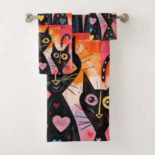 Bathroom Towel Sets Valentine's Day Cat Red Heart