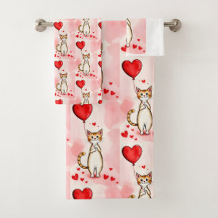 Bathroom Towel Sets Valentine's Day Cat Red Heart