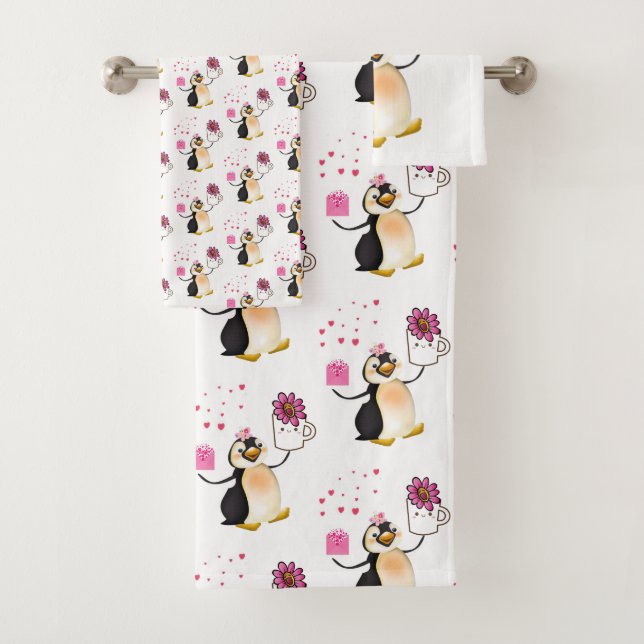 Bathroom Towel Sets Valentine's Day Penguin Hearts (Insitu)