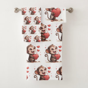 Bathroom Towel Sets Valentine's Monkey Red Heart
