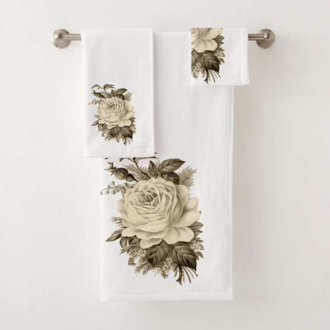 Bathroom Towel Sets Vintage White Rose Floral  (Insitu)