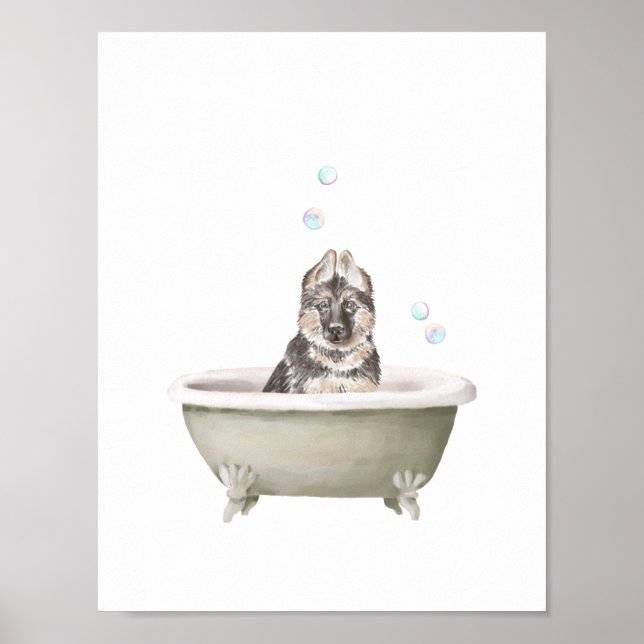 Bathroom Wall Art, German Shepherd in a bathtub Po Poster (Front)